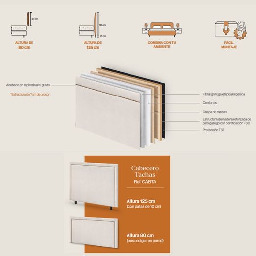 Capçal entapissat per a llit model Tachas de Sonpura